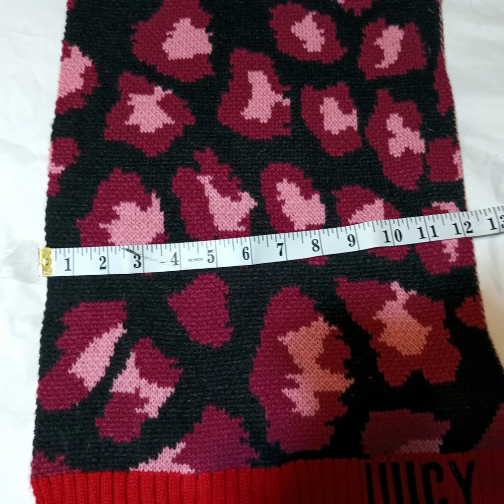 Juicy Couture Pink Red Leopard Print Knit Scarf Embroidered Logo Y2K McBling OS
